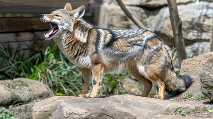 Fototapeta premium A Black-backed Jackal Yawning on a Rock