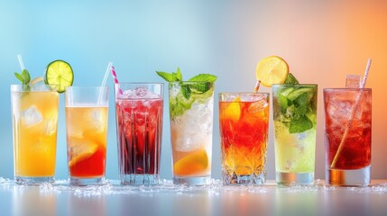 Colorful Array of Various Alcoholic and Non-Alcoholic Cocktails in Glasses