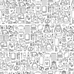 Seamless pattern back to school. Stationery, school accessories, books and art Supplies on white background. Vector illustration in hand doodle style.
