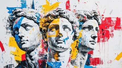 Abstract Art Painting with Three Faces and Colorful Splashes