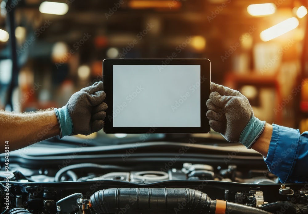 Poster an auto mechanic holding up a blank tablet screen in front of an open car hood, with a garage and to