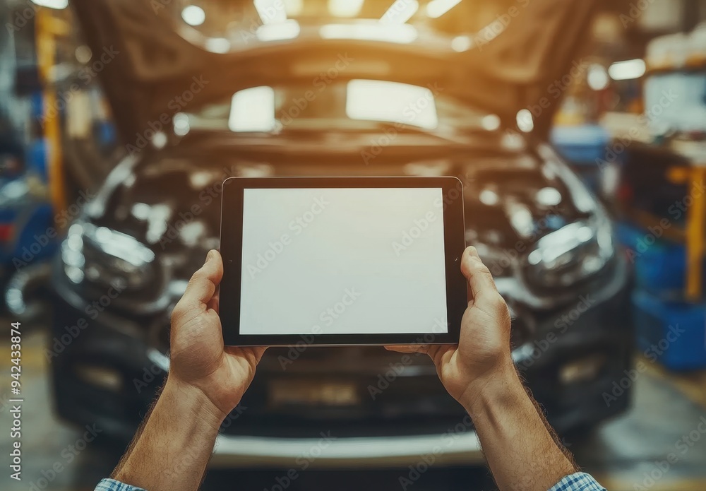 Poster photograph of an auto mechanic holding up a blank tablet screen, with the hood open in front showing