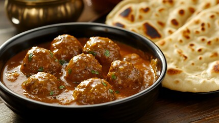 A bowl of meatballs in sauce served with naan bread on a wooden table.