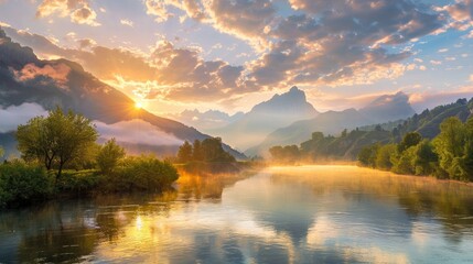 Picturesque sunrise landscape with river mountains sky clouds and trees