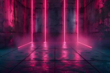 Abstract dark room with neon lights and empty floor for background or wallpaper, cyberpunk style. The wall is made of concrete slabs and the ground has square tiles.