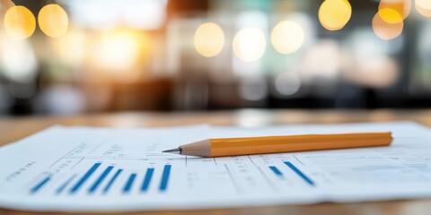 A close-up of a pencil resting on a financial report, showcasing graphs and data in an office setting with warm bokeh light.