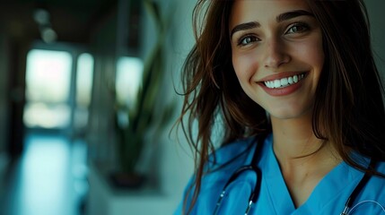 Fototapeta premium Smiling Female Doctor Wearing Scrubs and Stethoscope