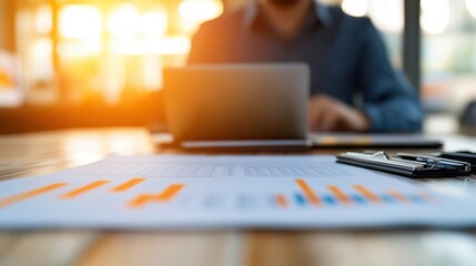 A professional man working on a laptop, with focus on financial reports, data analysis, and productivity in a bright office environment.