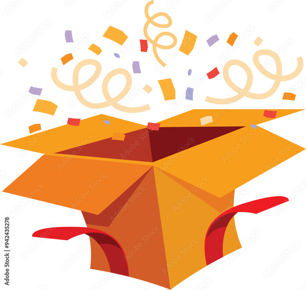 Poster open cardboard box exploding with colorful confetti