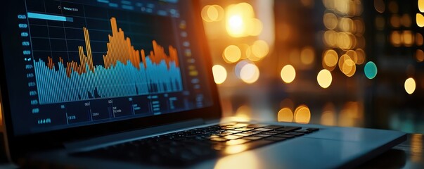 Close-up of a laptop displaying financial graphs with a blurred cityscape in the background, highlighting data analysis and technology.