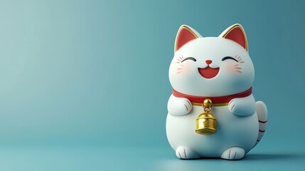Smiling Maneki-Neko on Blue Background
