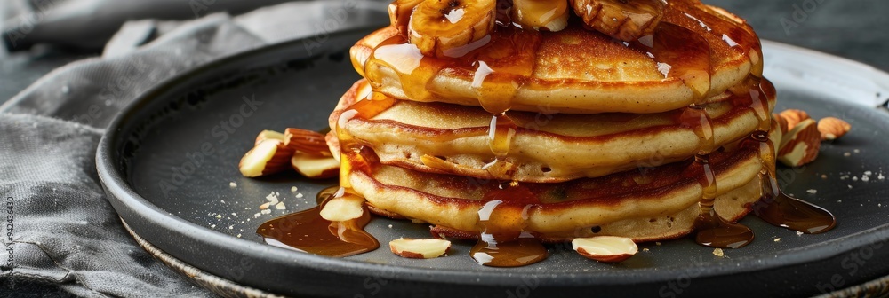 Sticker Buttermilk Pancakes with Plantains, Almonds, and a Honey Drizzle