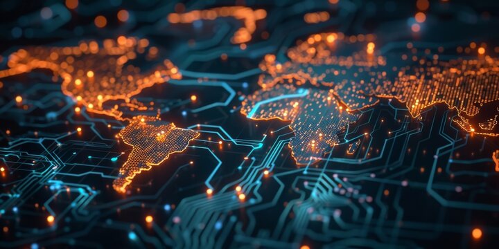 global cyber attack or technology innovation, abstract digital world map made of glowing red and blue circuit board