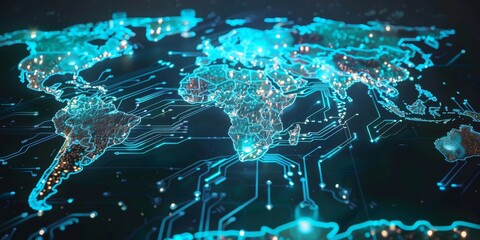 World map on a circuit board with orange lights