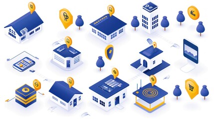 Smart city with houses and buildings connected by internet of things.