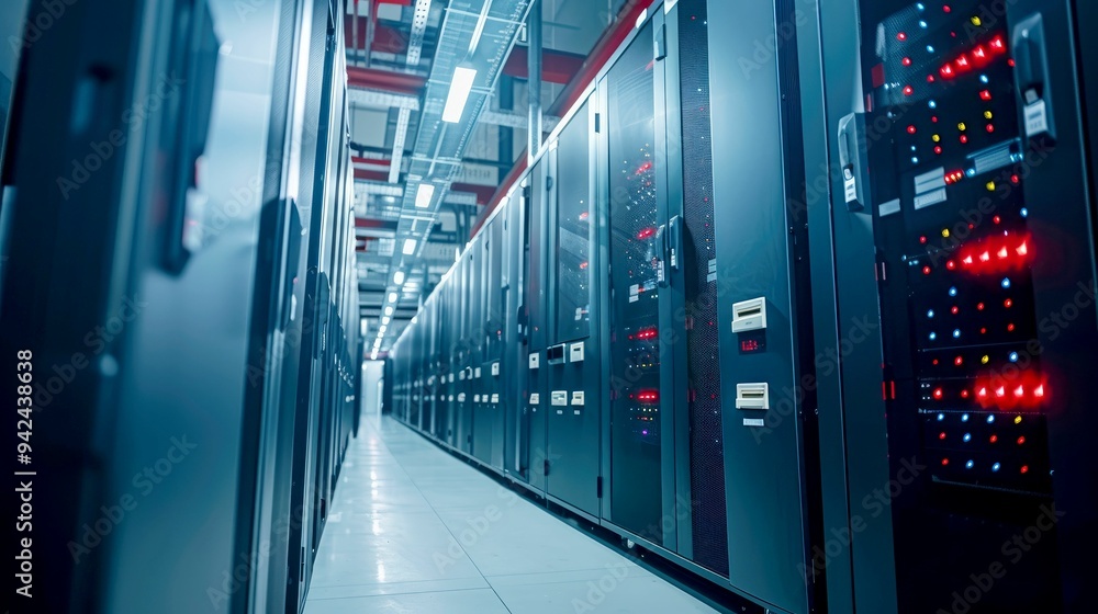 Poster a narrow corridor lined with server racks in a data center.