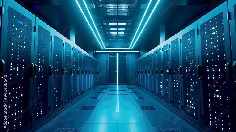 Poster rows of illuminated server racks in a data center