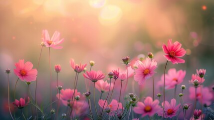 Obraz premium Pink and red cosmos flowers garden with blurred background