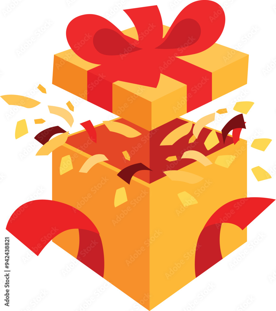 Poster open gift box is exploding with confetti and ribbon