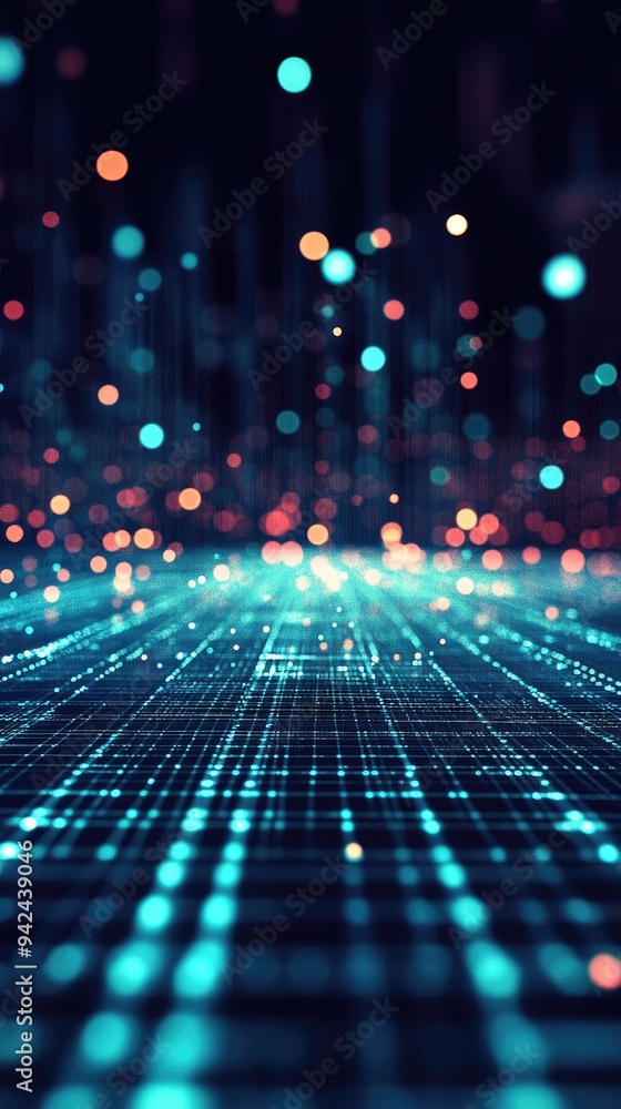 Poster a mesmerizing digital landscape filled with vibrant lights and data points, representing technology 