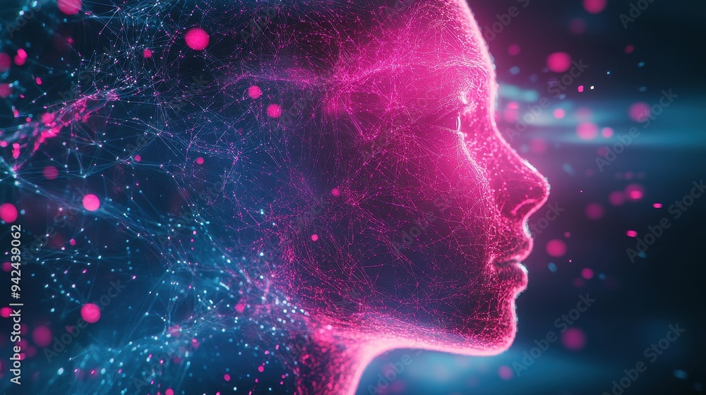 Poster abstract digital profile portrait with glowing lines and particles