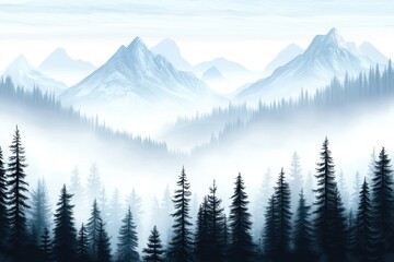 Fototapeta premium A serene landscape featuring misty mountains and lush forests, embodying tranquility and the beauty of nature.