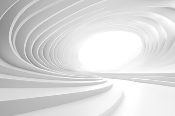 A serene, abstract white tunnel with smooth curves, leading to a bright light source, symbolizing purity and modern design.