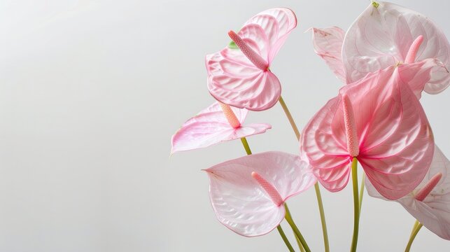Pink anthurium blooms against a white backdrop
