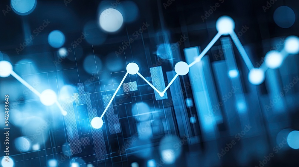Poster abstract financial chart with glowing blue line graph and bokeh light effect, showcasing business gr