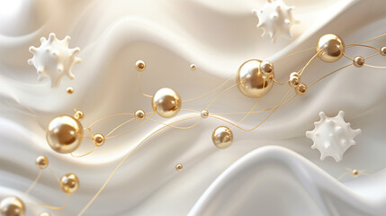 Abstract gold and white spheres on smooth flowing fabric background with intricate details