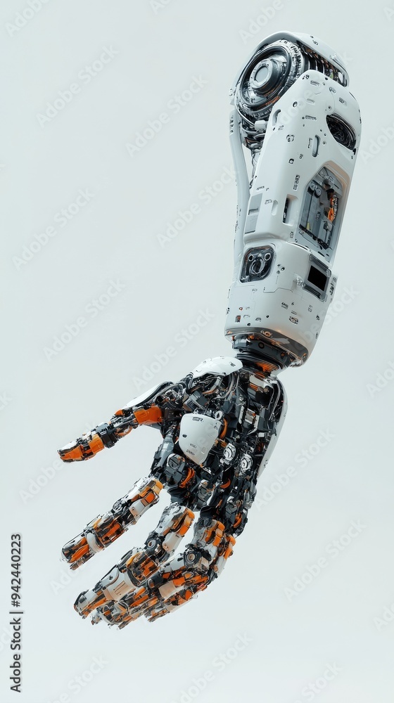 Poster futuristic robotic hand designed for precision and functionality in modern technology and automation