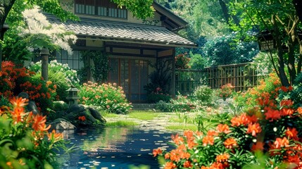 A Japanese House with a Pond and a Garden Filled with Orange Flowers