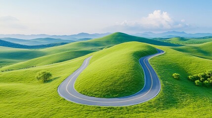 Curvy hillside road with panoramic views of rolling green hills, countryside journey