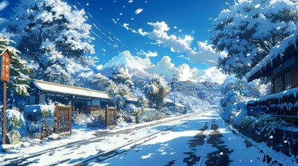 Snowy Japanese Village with Mount Fuji in the Background