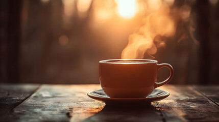 A cup of coffee with steam rising on a wooden table, with a blurry sunset background.