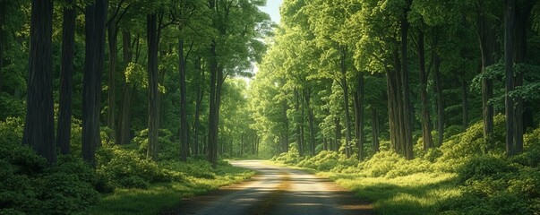 Obraz premium Dense forest road with towering trees and dappled sunlight, wilderness path