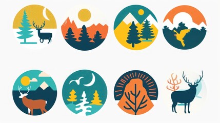 Nature Icons Set Deer Sun Moon Mountains.