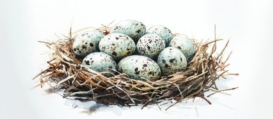 Watercolor depiction of quail eggs nestled in a nest against a white backdrop