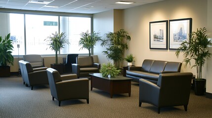 Fototapeta premium A modern office waiting area with comfortable seating and indoor plants.