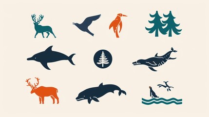 Obraz premium Set of minimalist animal silhouette icons.