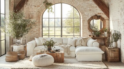 Cozy White Sectional Sofa in Rustic Living Room with Brick Walls and Large Windows