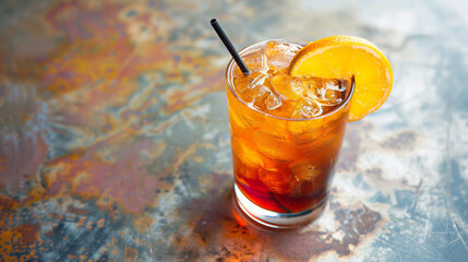 A glass of drink with a slice of orange on top. The drink is served in a short glass with a black straw