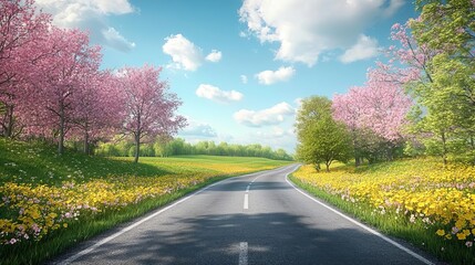 Fototapeta premium Picturesque countryside road lined with blooming spring flowers, pastoral scene
