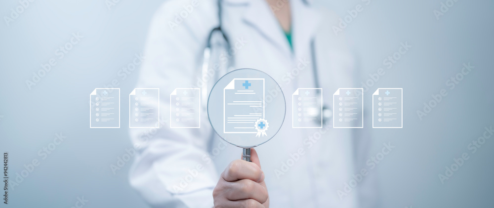 Wall mural a medical worker holding magnifying glass with virtual quality certificate handling many checklist d
