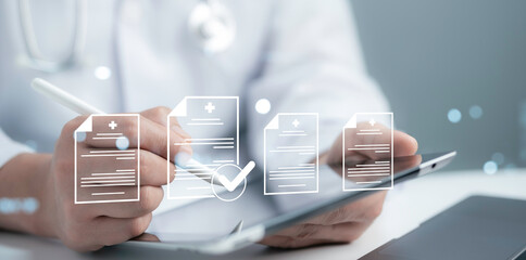 A medical worker uses a tablet and accesses an online document database for examining files or managing task lists through a document management system and process automation.