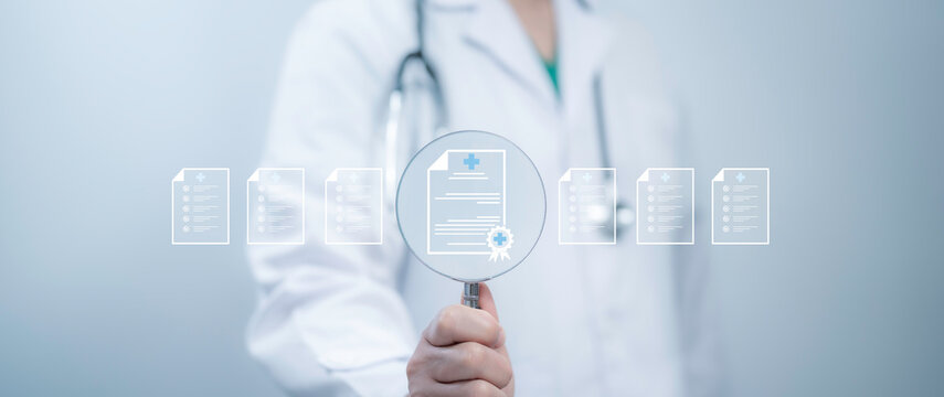 A medical worker holding Magnifying glass with virtual Quality Certificate handling many checklist documents for quality control management standardization and certification compliance to standards.