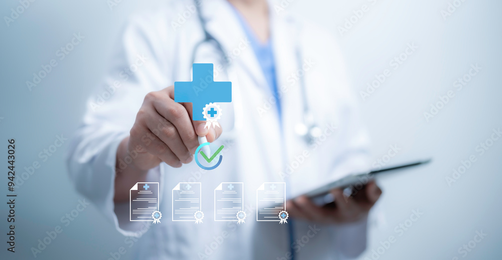 Wall mural a medical worker with virtual quality certificate handling many checklist documents for quality cont