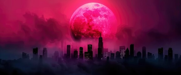 Fototapeta premium Pink Full Moon Over City Skyline