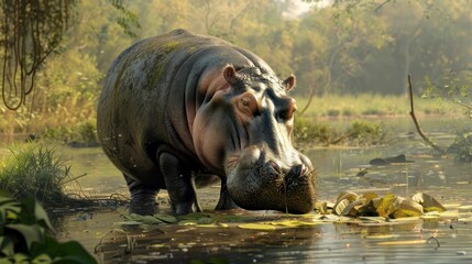 Naklejka premium Hippopotamus Wading in a Swampy Pond