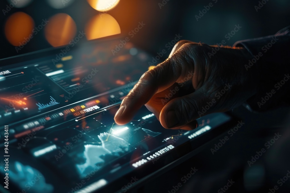 Poster a person holding a tablet with their finger on the screen, possibly browsing or working